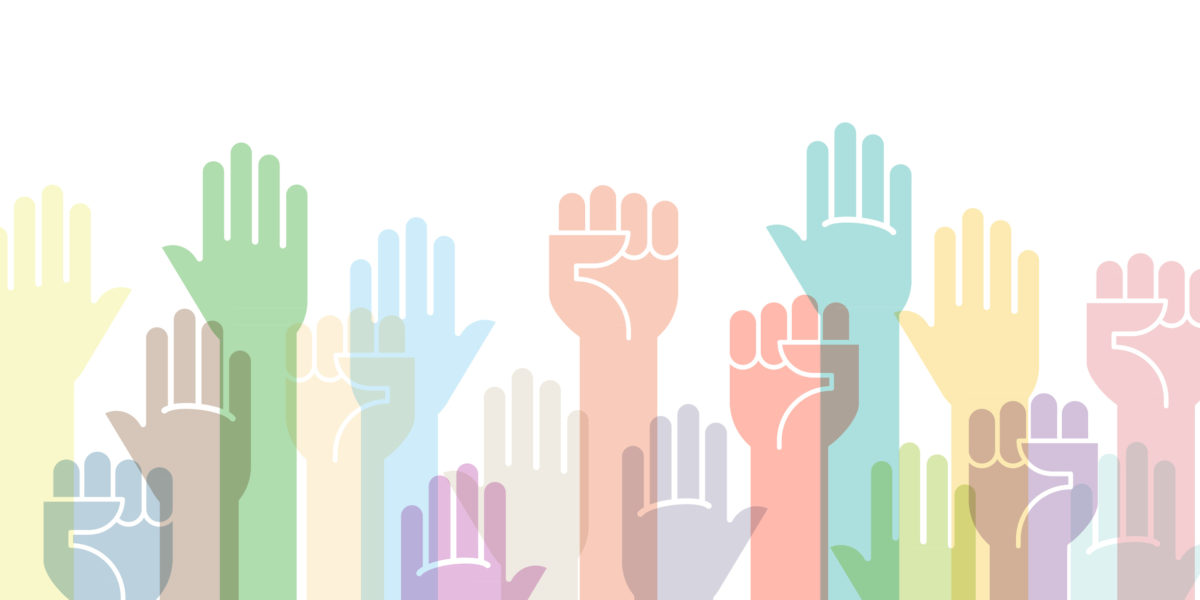 Colorful fists hands up vector illustration. Concept of unity, revolution, fight, cooperation. Vector illustration, flat design